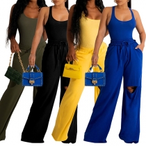 Fashion Solid Color Round Neck Sleeveless Distressed Wide-leg Jumpsuit
