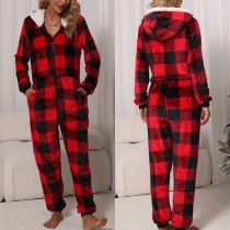 Fashion Warm Plaid Plush Hooded Jumpsuit
