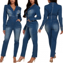 Mode dragkedja Slim-fit Denim Jumpsuit med Self-tie