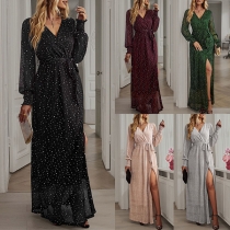 Fashion Bling-bling V-neck Long Sleeve Self-tie Wrap Party Dress