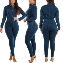 Snygg Denim Jumpsuit med Knäppning och Långärmad Design