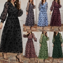 Fashion Gauze Spliced Floral Printed V-neck Long Sleeve Midi-dress