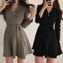 Fashion Solid Color V-neck Long Sleeve Self-tie Pleated Dress