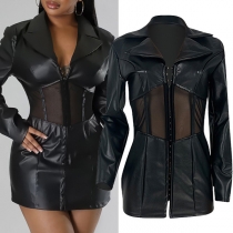 Fashion Stand Collar Long Sleeve Semi-through Gauze Spliced Artificial Leather PU Dress