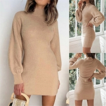 Fashion Solid Color Mock Neck Long Sleeve Dress