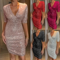 Fashion Bling-bling Sequined V-neck Short Sleeve Party Dress