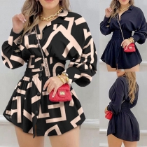 Street Fashion Solid Color/Printed V-neck Long Sleeve Smocked Shirt Dress