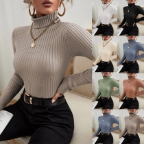 Fashion Solid Color Turtleneck Long Sleeve Ribbed Shirt