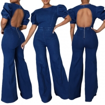 Street Fashion Round Neck Puff Short Sleeve Backless Wide-leg Denim Jumpsuit