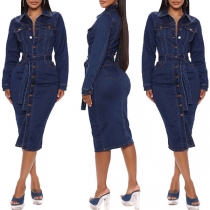 Krage Långärmad Knäppt Self-tie Denim Midi-Klänning