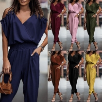 Street Fashion V-neck Open-shoulder Smocked Jumpsuit