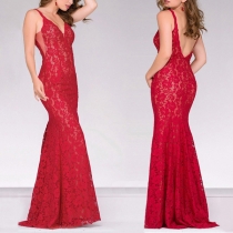 Elegant Lace V-neck Backless Fishtail Party Dress