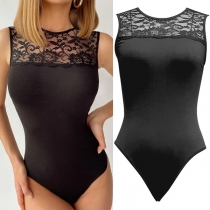 Fashion Lace Spliced Round  Neck Sleeveless Bodysuit