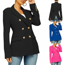 Elegant Solid Color Notch Lapel Doubel Breasted Blazer