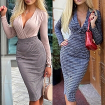 Fashion V-neck Long Sleeve Houndstooth Printed Bodycon Dress