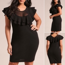 Fashion Gauze Spliced Ruffled Round Neck Sleeveless Plus Size Bodycon Dress