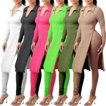 Fashion Solid Color Two-piece Set Consist of Slit Shirt and High-rise Skniny Pants