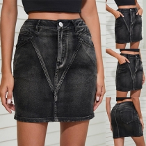 Fashion Old-washed Mid-rise Denim Skirt