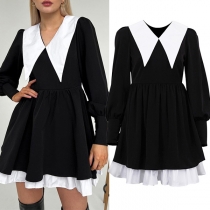 Fashion Contrast Color Doll Collar Long Sleeve Long Sleeve Dress