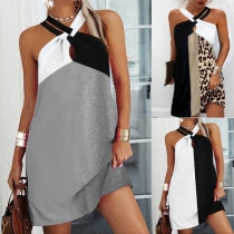 Casual Contrast Color Halter Mini Dress