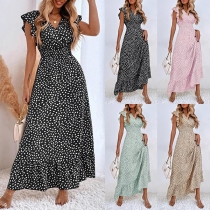 Fashion Printed Ruffled Short Sleeve V-neck High-rise Maxi Dress