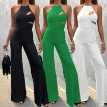 Sexy Solid Color Cutout Halterneck Wide-leg Backless Jumpsuit