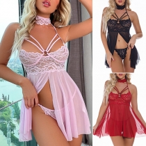 Sexy Mock Neck Cutout Lace Spliced Gauze Nightwear Dress