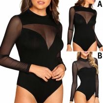 Sexy Semi-through Gauze Spliced Long Sleeve Bodysuit