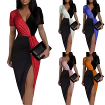 Sexy Contrast Color V-neck Short Sleeve Ireegular Hemline Bodycon Dress