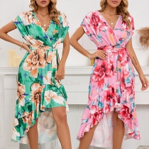 Bohemia Style Floral Printed V-neck Short Sleeve High-low Hemline Self-tie Dress