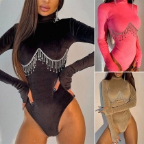 Fashion Solid Color Mock Neck Long Sleeve Rhinestone Tassel Bodysuit