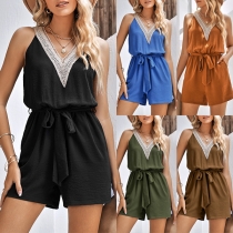 Fashion Lace-spliced V-neck Sleeveless Self-tie Romper