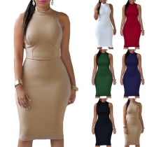 Fashion Solid Color Mock Neck Sleeveless Cutout Bodycon Dress
