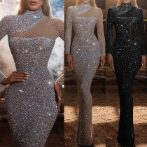 Bling-bling Mode Paljett Mesh Slitsad Mock Neck Långärmad Bodycon Festklänning