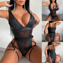 Sexy Mesh Spliced V-neck One-piece Bikini