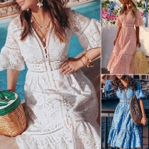 Fashion V-neck Ruffled Short Sleeve Buttoned Lace Dress