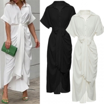 Elegant Solid Color V-neck Short Sleeve Buttoned  Self-tie Dress