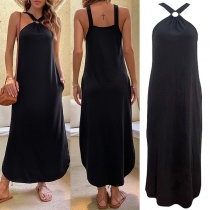 Casual Solid Color Sleeveless Side Pocket Slip Dress