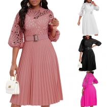 Fashion Solid Color Lace Spliced Round Neck Elbow Sleeve Pleated Dress with Belt
