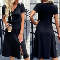 Casual Solid Color Buttoned V-neck Short Sleeve Slit Dress