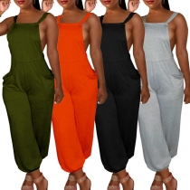 Casual Solid Color Backless Side Pockets Jumpsuit
