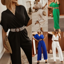 Fashion Solid Color V-neck Batwing Sleeve Jumpsuit with Belt