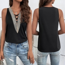 Casual Lace Spliced Cross-criss Sleeveless Shirt
