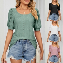 Casual Solid Color Round Neck Puffle Short Sleeve Shirt