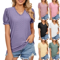 Casual Solid Color Lace Spliced V-neck Puff Shirt