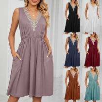 Fashion Lace Spliced Sleeveless Pockets Mini Dress