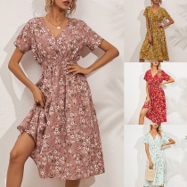 Fashion Floral Printed V-neck Short Sleeve Dress