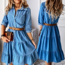 Fashion Old-wash Stand Collar Long Sleeve Tiered Denim Dress