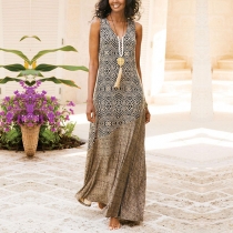 Bohemia Style Printed V-neck Sleeveless Maxi Dress