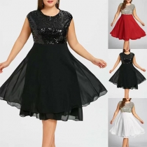 Fashion Sequined Spliced Chiffon Round Neck Sleeveless Dress